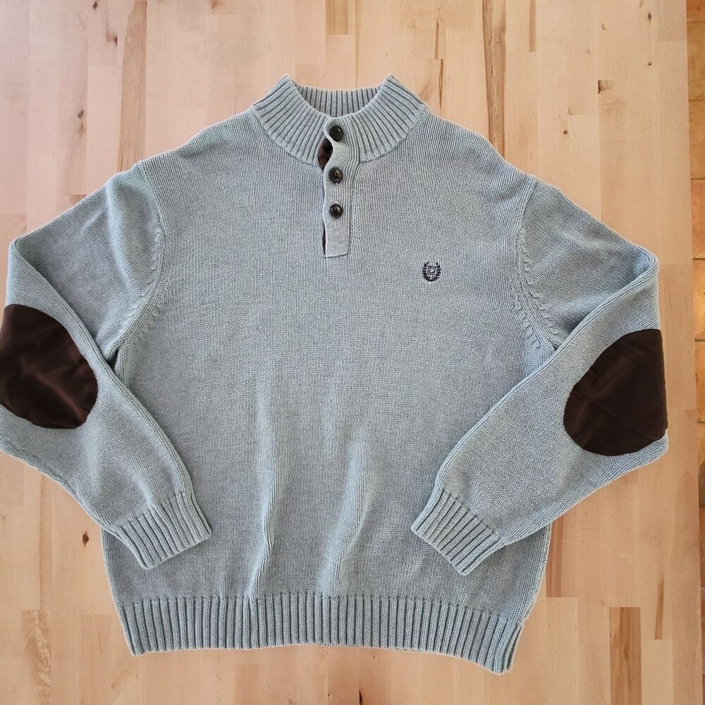 Chaps Mens Cable Knit Pullover Sweater Blue 1/4 Button Mock Neck Cotton SZ XL